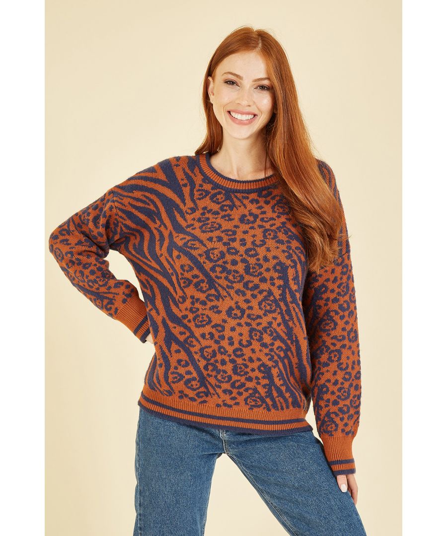 Finding a way to stand out from the crowd in the winter season is made easy in the Yumi Brown Animal and Zebra Print Intarsia Jumper. A mix and match print that is ready made for your off duty look. This round neck, long sleeved jumper in a relaxed fit is best styled with jeans and trainers for casual style.