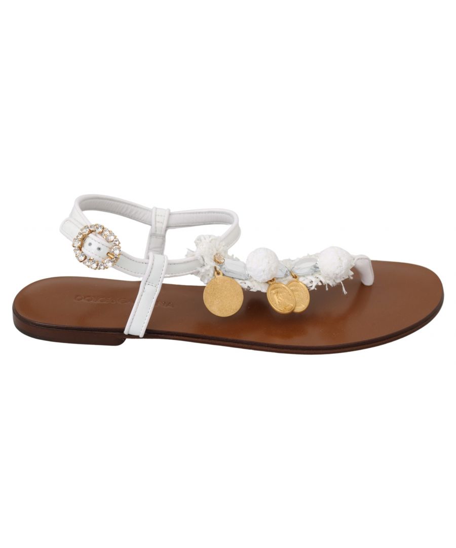 DOLCE&GABBANA. \nGorgeous brand new with tags, 100% Authentic Dolce&Gabbana Shoes.\nModel: Sandals heel strap flats \nMaterial: 55% Viscose 20% Cotton 10% Leather 10% PU 5% Polyester \nColor: White and Brown\nWhite crystals \nLeather sole\nLogo details \nMade in Italy
