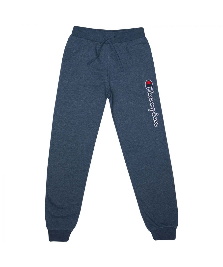 Junior Boys Champion Cuffed Jog Pant in navy marl.- Elasticated drawcord waistband.- Two front pockets.- Ribbed elasticated cuffs.- Vertical script logo tatami embroidery on thigh.- Regular fit.- Body Fabric: 79% Cotton  21% Polyester. Inserts: 100% Cotton. Rib Trim: 98% Cotton  2% Elastane.- Ref:305952BV502J