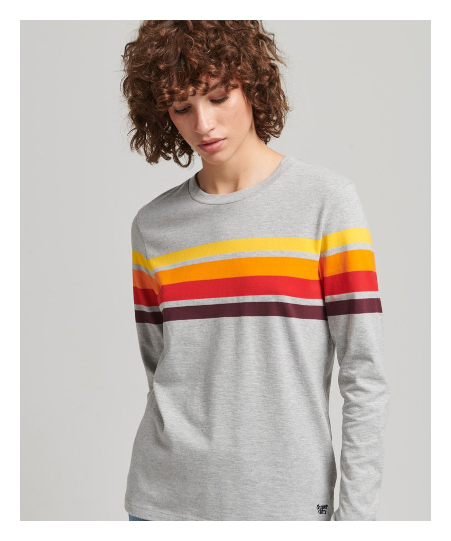 They're back! 70s-style stripes. What better way to get in touch with that era than with a long sleeve tee that took inspiration from the 1970s. Classic multi-coloured stripes give the classic long-sleeve design a real retro edge. The vintage Cali stripe 2.0 long sleeve top brings those vibes to the present day.Slim fit – designed to fit closer to the body for a more tailored lookCrew neckLong sleevesChest back and sleeve stripesEmbroidered Superdry logoMade with organic cotton grown using natural rather than chemical pesticides and fertilisers. The healthier soil this creates uses up to 80% less water which is better for our planet and for the farmers who grow it.