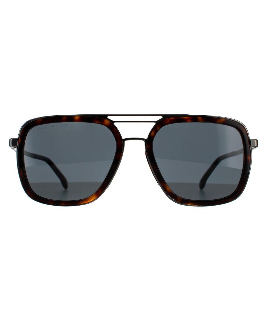 Hugo Boss Aviator Mens Havana Dark Ruthenium Grey 90041091 Hugo Boss are a stylish squared aviator crafted from lightweight metal. The  distinctive double bridge, rubber nose pads and plastic temple tips ensure all day comfort. Hugo Boss's logo features on the slender temples for brand authenticity