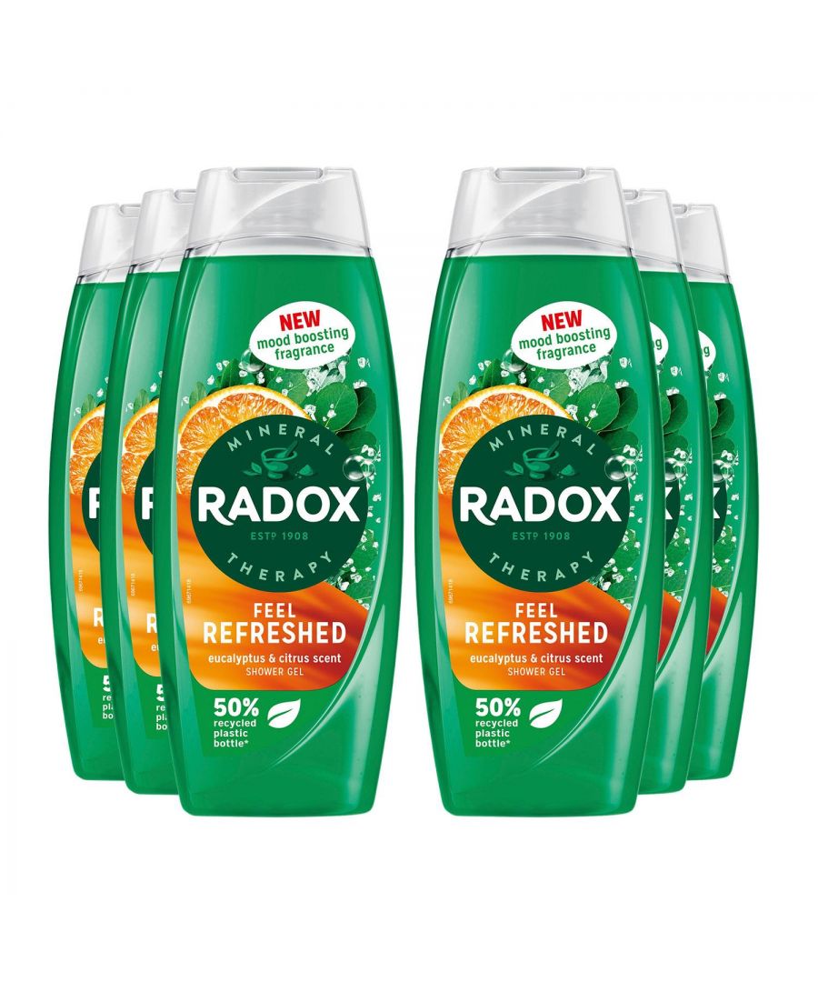 RADOX Mineral Therapy Feel Awake 2-in-1 Shower Gel & Shampoo cleanses your skin and recharges your batteries, making you feel refreshed with its new mood-boosting fragrance. It goes beyond cleansing the body and awakens your senses with the revitalizing scents of sea minerals and fennel. This refreshing skin cleanser features our unique blend of 4 minerals and 13 herbs, which activates with hot water to transform your shower into a mineral therapy ritual. Suitable for daily use, our body wash rinses off easily, leaving your skin feeling fresh and clean.\n\nRADOX Mineral Therapy Feel Awake 2-in-1 Shower Gel & Shampoo provides a refreshing shower experience that refreshes your senses.\nOur shower gel & shampoo is made with a unique blend of minerals and herbs which activates with hot water to cleanse and refresh you.\nFeel the fresh, energizing sea breeze invigorate you with RADOX Feel Awake Shower Gel, infused with a new mood-boosting fragrance of sea minerals and fennel.Our body wash is suitable for daily use – simply squeeze it out, lather on hair and body and indulge in a refreshing shower experience.This skin cleanser is pH neutral and suitable for all skin types.RADOX shower gels come in 50% recycled (excluding cap and label), 100% recyclable, and 100% refillable bottles and can be used with the NEW Radox Feel Awake 500 ml Shower Gel Refill Pouch.\n\nHow to use: For best results in the shower, squeeze out the refreshing shower gel and lather on the body.\n\nSafety Warning: Shower Gel & Body and Face Wash & Body Scrubs Avoid contact with eyes. If contact occurs, rinse thoroughly with water.\n\nBox Contain: 6x Radox 2in1 Body Wash & Shampoo, Feel Awake - 450ml