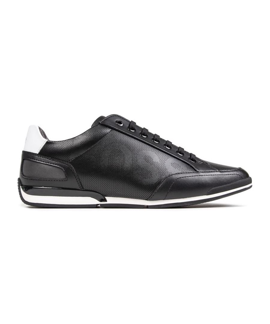 Men's Black Boss Saturn_lowp_ltpflg Lace Up, Premium Leather Trainers With Branding On The Side, Heel, And Tongue. These Performance Sneakers Have A Textile Lining, Padded Ankle Collar And Moulded Removable Footbeds, On Top Of A Reinforced Heel And Contrasting White Rubber Sole For Maximum Support And Comfort.