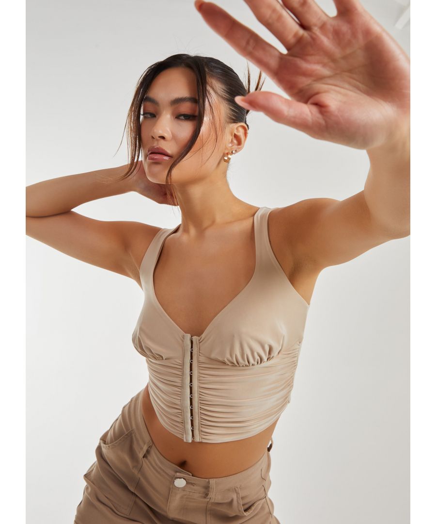Pink Vanilla Womens Eyelet Detail Corset Crop Top - Stone - Size Medium