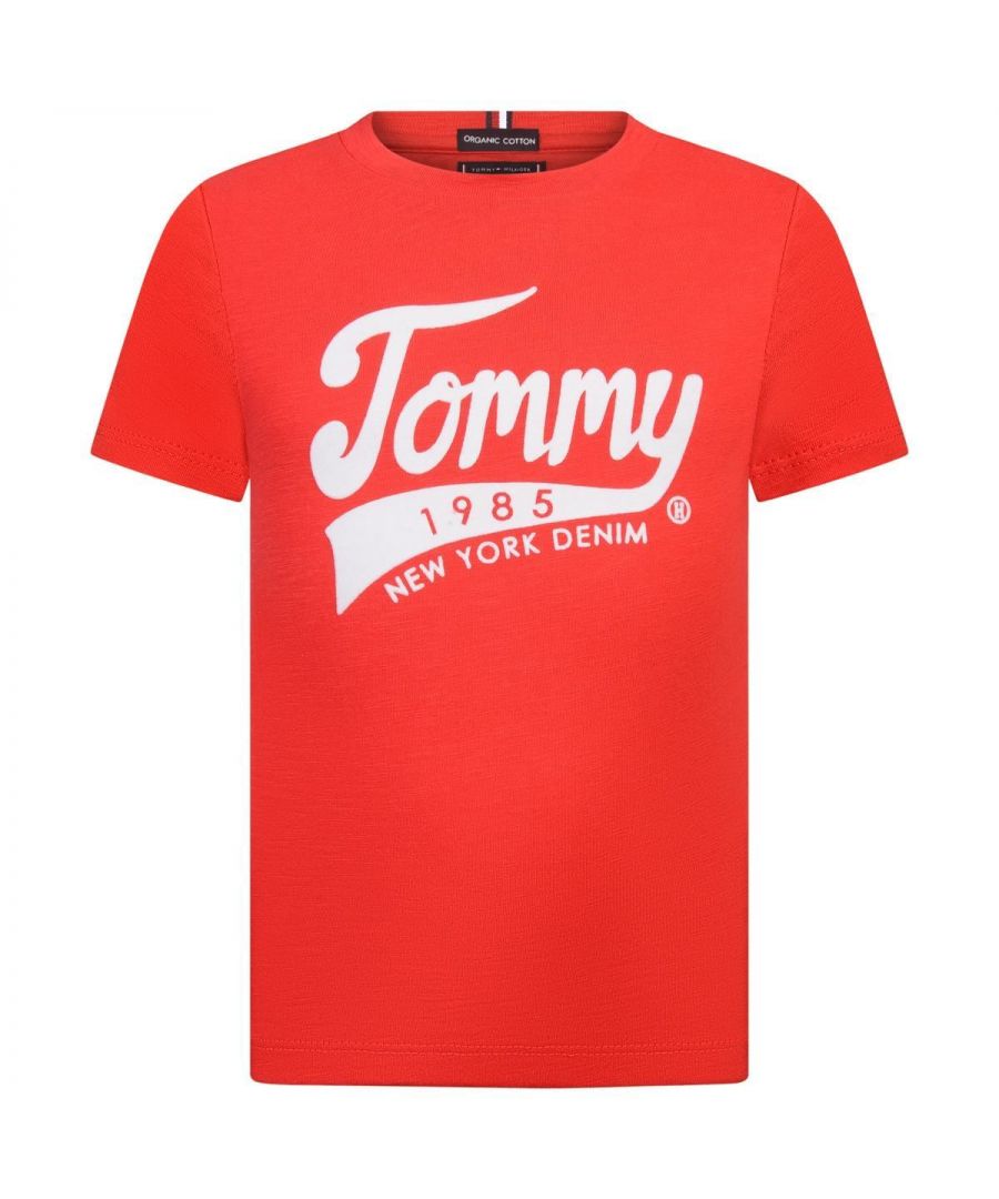 Tommy Hilfiger boys t-shirt with a round neckline, press studs on the shoulders, a felt logo print on the front and a branded tab above the hemline.\n                \n                Made in India