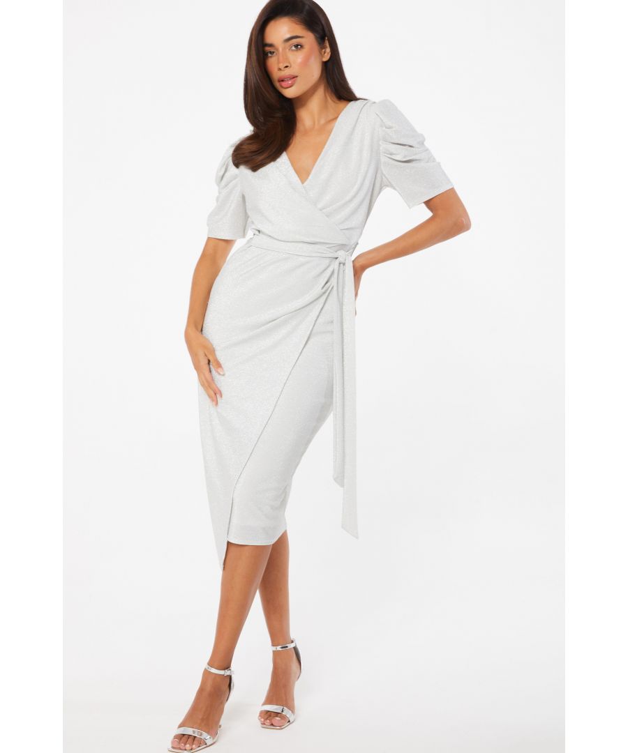 Quiz Womens Silver Wrap Puff Sleeve Midi Dress - Size 8 UK