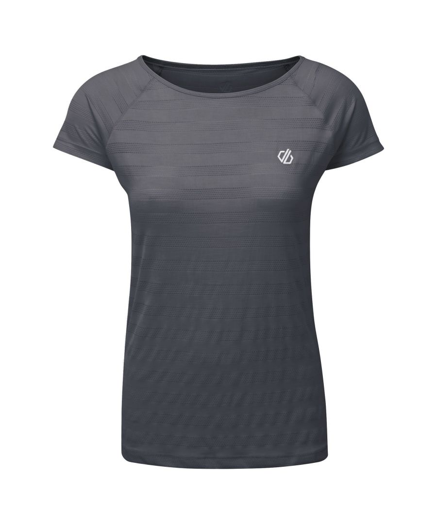 Material: 100% Polyester (Q-Wic lightweight polyester fabric). Slim fit, soft and stretchy short sleeved work out shirt with breathable mesh detailing and scooped neckline. Built in anti-bacterial odour control and motion-friendly sleeve design. Features a small Dare 2B logo.