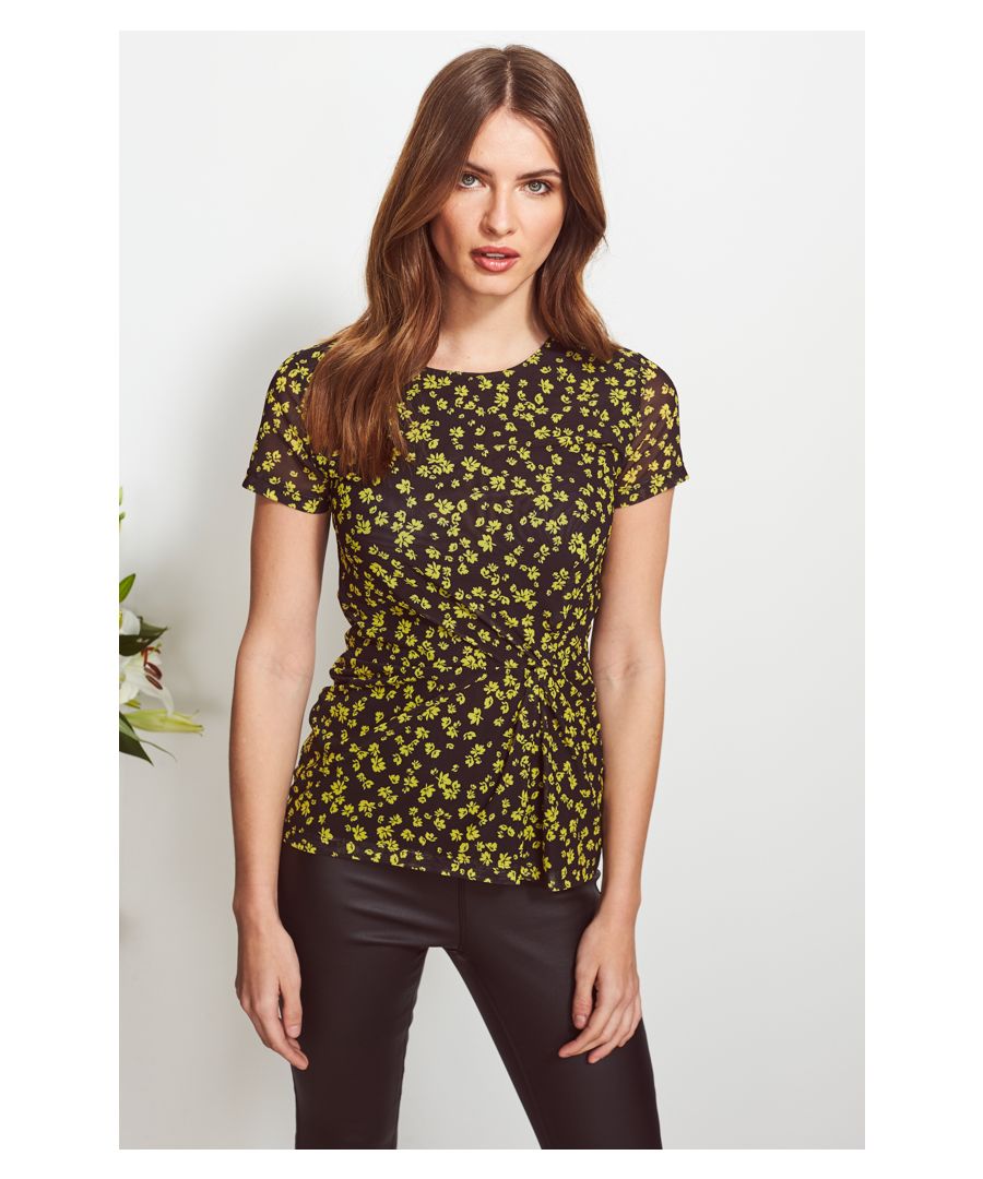 REASONS TO BUY: A floral print wardrobe pick-me-up. Cool black and yellow colour combo. Pretty ditsy floral print. Mesh tops are trending. Flattering twist front detail. Just add jeans.