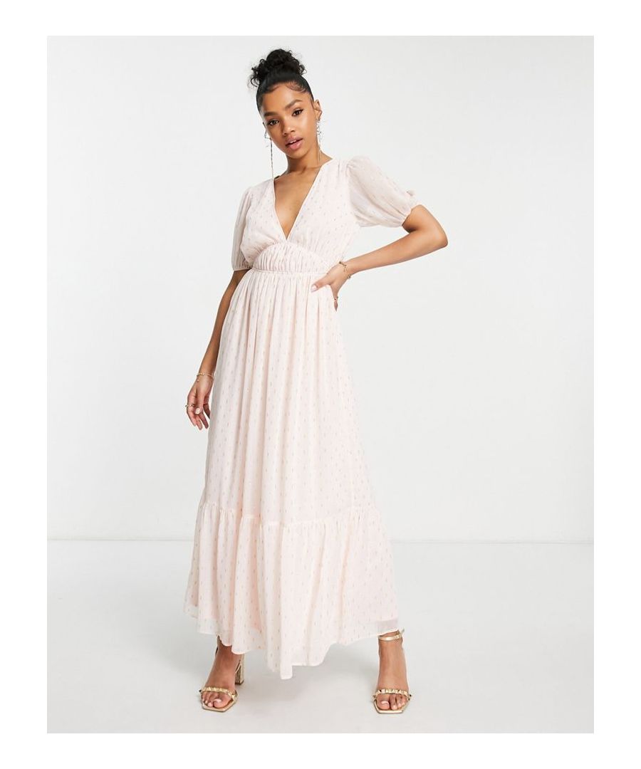 Maxi dress by Miss Selfridge Love at first scroll Plunge front Short sleeves Tie back Regular fit Sold by Asos