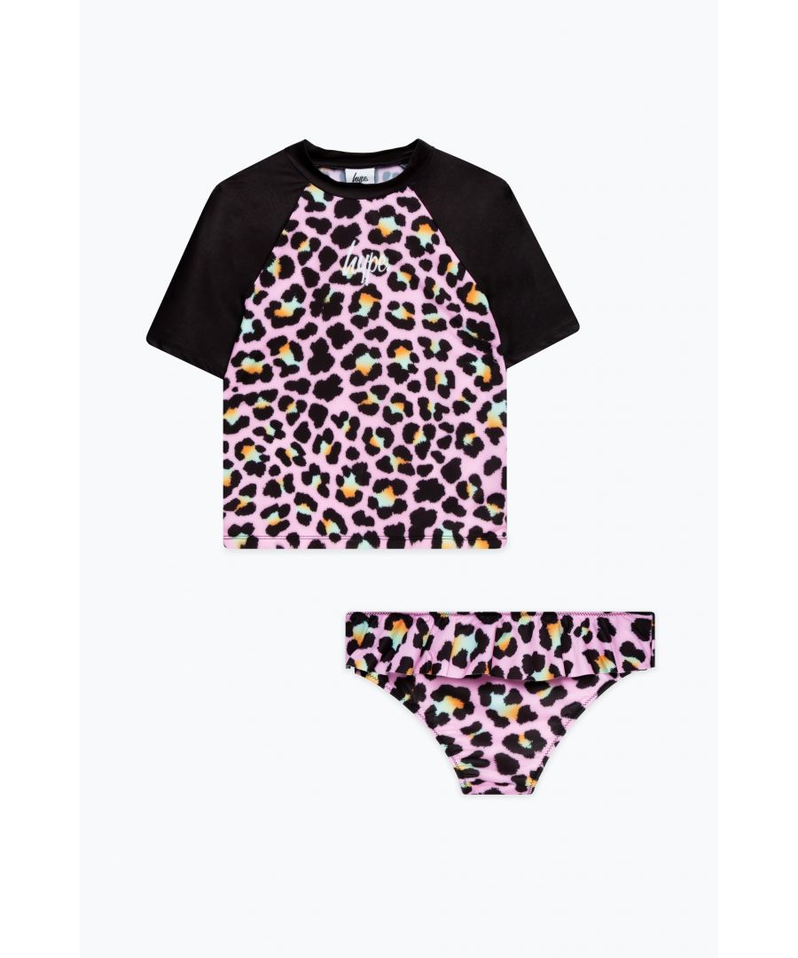 Swim is in. Meet the HYPE. Disco Leopard Script Short Sleeve, the ultimate girls swimwear you'll want to wear everyday of summer, autumn, winter and spring. Featuring a short sleeve top and bottoms in a 80% Poly 20% Elastane blend for ultimate comfort, boasting an all-over disco leopard print, black sleeves, and the HYPE. script logo in contrasting white. Wear with HYPE. sliders, swimming goggles and a beach towel in hand. Machine wash at 30 degrees.