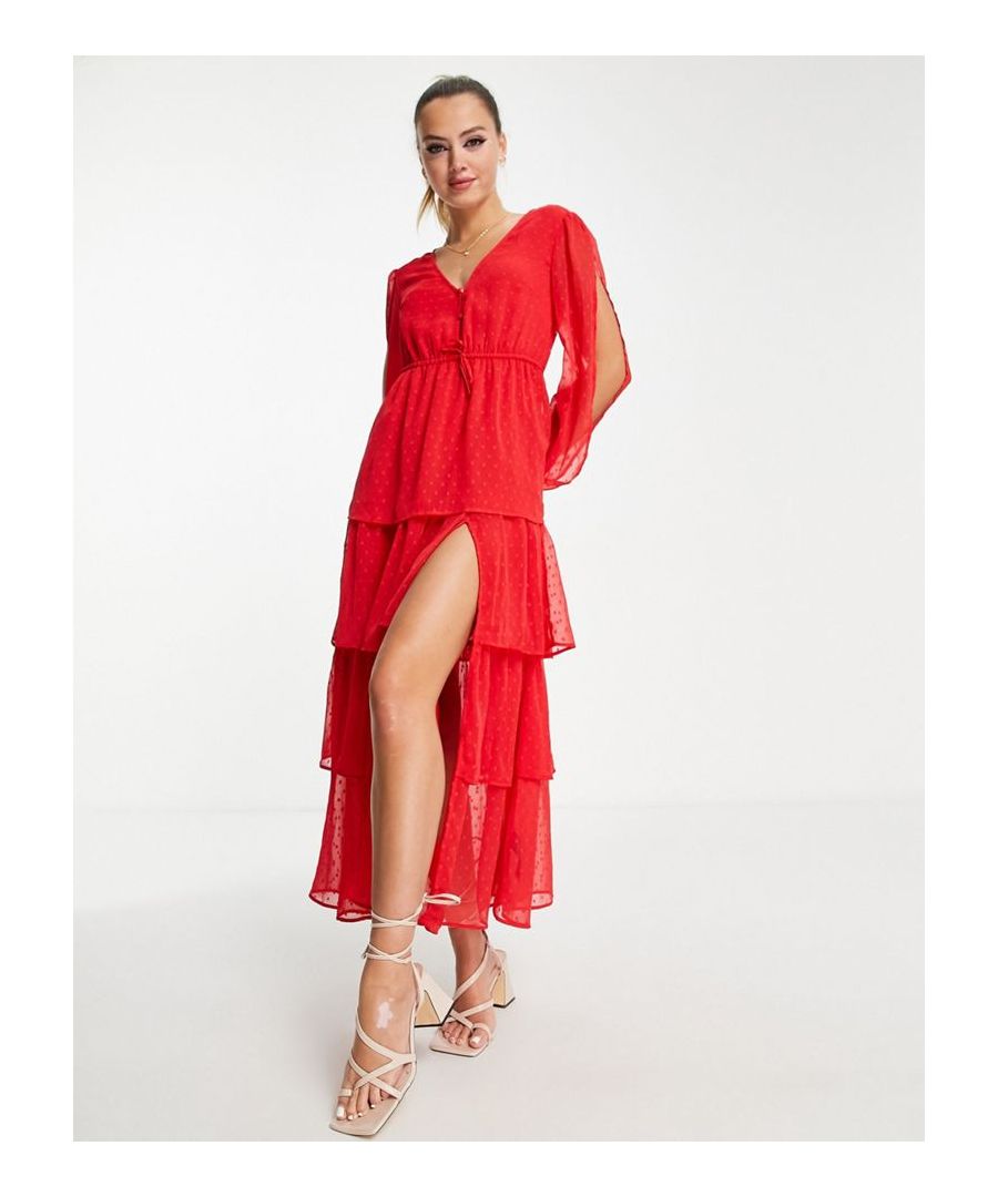 Dresses by Miss Selfridge The kind of dress that deserves attention Tiered design V-neck Button placket Tie and cut-out detail Thigh split Regular fit Sold by Asos