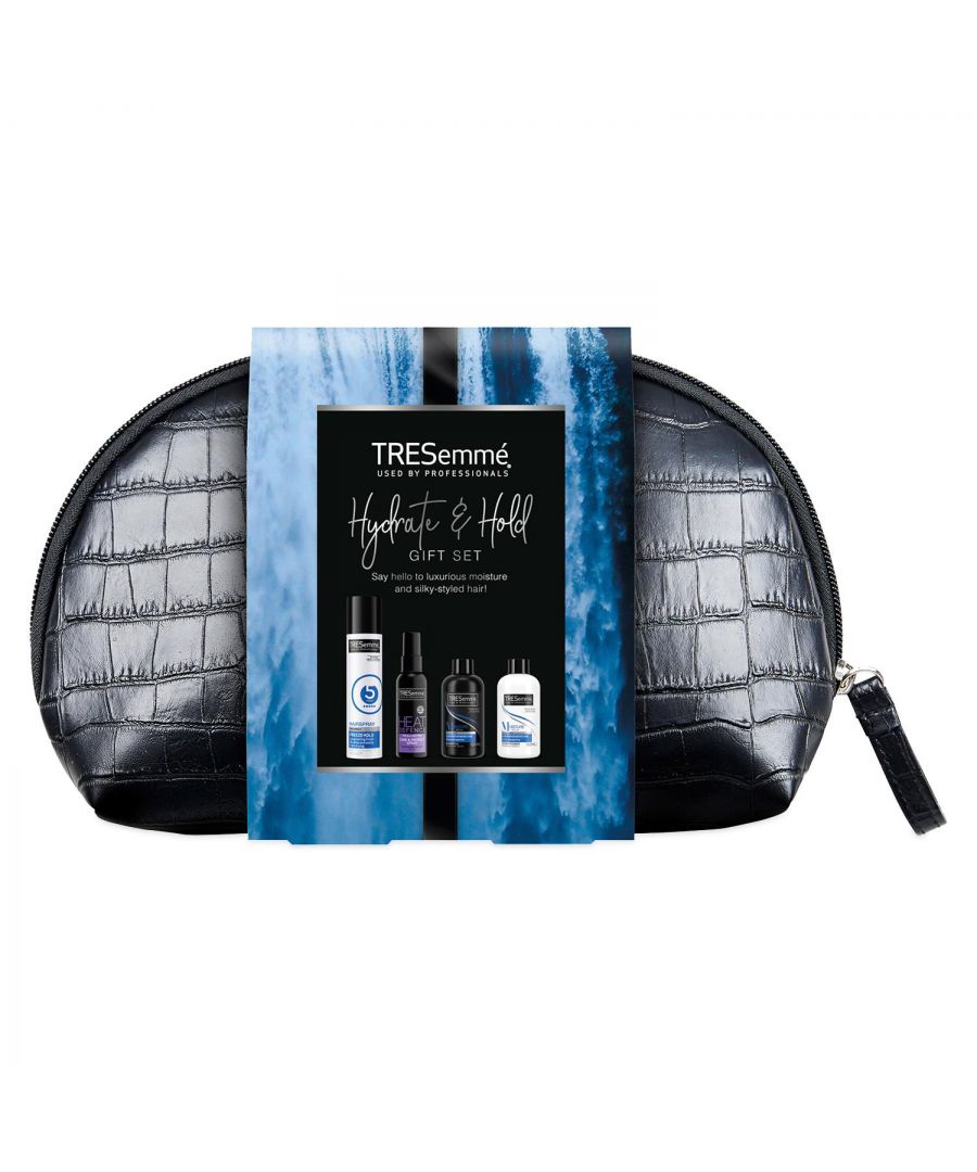 Tresemme Hydrate & Hold Hair Styling 4ps Gift Set For Her with Black Washbag\n\nRich Moisture Shampoo 100ml: Why use TRESemme luxurious moisture shampoo? The TRESemme Luxurious Moisture Shampoo system, with Vitamin E, instantly locks in moisture without weighing your hair down. Light enough for daily use, this moisture-balanced system transforms your dry hair into silky, manageable, salon-healthy-looking locks.\n\nRich Moisture Conditioner 100ml: Hydrate parched strands with this professional-quality, moisturizing conditioner for dry hair. TRESemmé Rich Moisture Shampoo & Conditioner system delivers optimized hydration that targets dryness and locks in moisture where your hair needs it most every day. Our Rich Moisture system delivers 7x more luxurious moisture, leaving hair with enviable softness and rich nourishment.\n\nHeat Defence Hairspray 60ml: Designed to help protect hair against damage from heated styling tools, helping to restore vibrancy and shine to dried-out, damaged hair. Include pro-performance TRESemme Heat Defence Spray in your daily routine before hair-drying, straightening or curling your hair. Whether you want to keep your frizz at bay with a long-lasting smooth finish or simply protect your hair against damage from daily blow-drying.\n\nFreeze Hold Hairspray 100 ml: TRESemme Freeze Hold Hairspray provides all-day control and long-lasting extra strong hold in a small, handbag-friendly travel size.  Brushes out easily. Won't build up or flake. From our origins in salons around the world, we've always had a single vision: to create stylist-tested, salon-quality products without the salon price tag, so you can experience that salon feeling every day.\n\nGift Set Includes:\n1x Tresemme Rich Moisture Shampoo, 100 ml\n1x Tresemme Rich Moisture Conditioner, 100 ml\n1x Tresemme Heat Defence Hairspray, 60ml\n1x Tresemme Freeze Hold Hairspray, 100ml