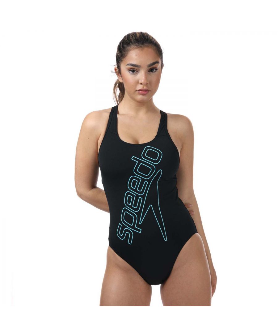 Womens Speedo Boom Logo Placement Flyback Swimsuit in black - blue.- Skinny racerback straps.- Supersized Speedo logo.- Flyback design offers greater flexibility and freedom of movement  so you can swim in comfort.- Higher chlorine resistance than standard swimwear fabrics fits like new for longer with CREORA HighClo.- Shape Retention fabric stretches so you can enjoy your swim without feeling restricted.- Body: 53% Polyester  47% PBT Polyester. Lining: 100% Polyester.- Ref: 812320F888