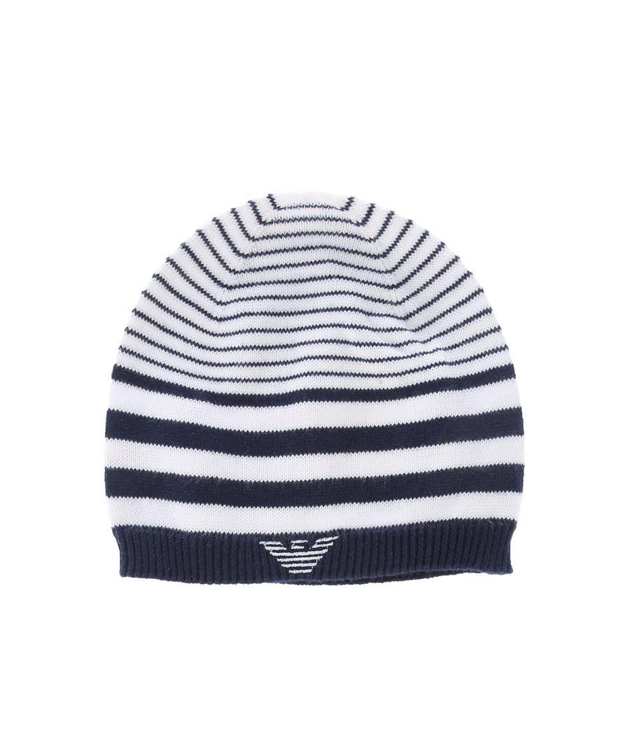 Infant Boys Armani Beanie in white blue.- Two tone design. - Knitted style.- Main material: 100% Cotton. Machine washable.- Ref: 4043654003610I