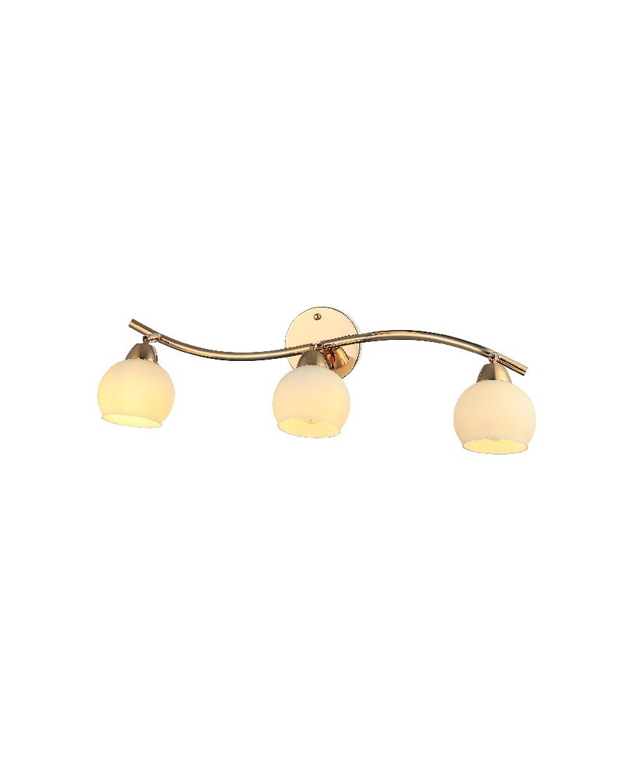 This wall lamp is the perfect solution to illuminate your home or office in style. Thanks to its design it is ideal for living and sleeping areas. Mounting kit included, easy to clean and easy to assemble. Color: Gold | Product Dimensions: W62xD12xH22,5 cm | Material: Metal, Glass | Power: 3 x E14 , Max 40W | Product Weight: 0,84 Kg | Bulb: Not included | Packaging Weight: 1,15 Kg | Number of Boxes: 1 | Packaging Dimensions: W63xD21xH16 cm.