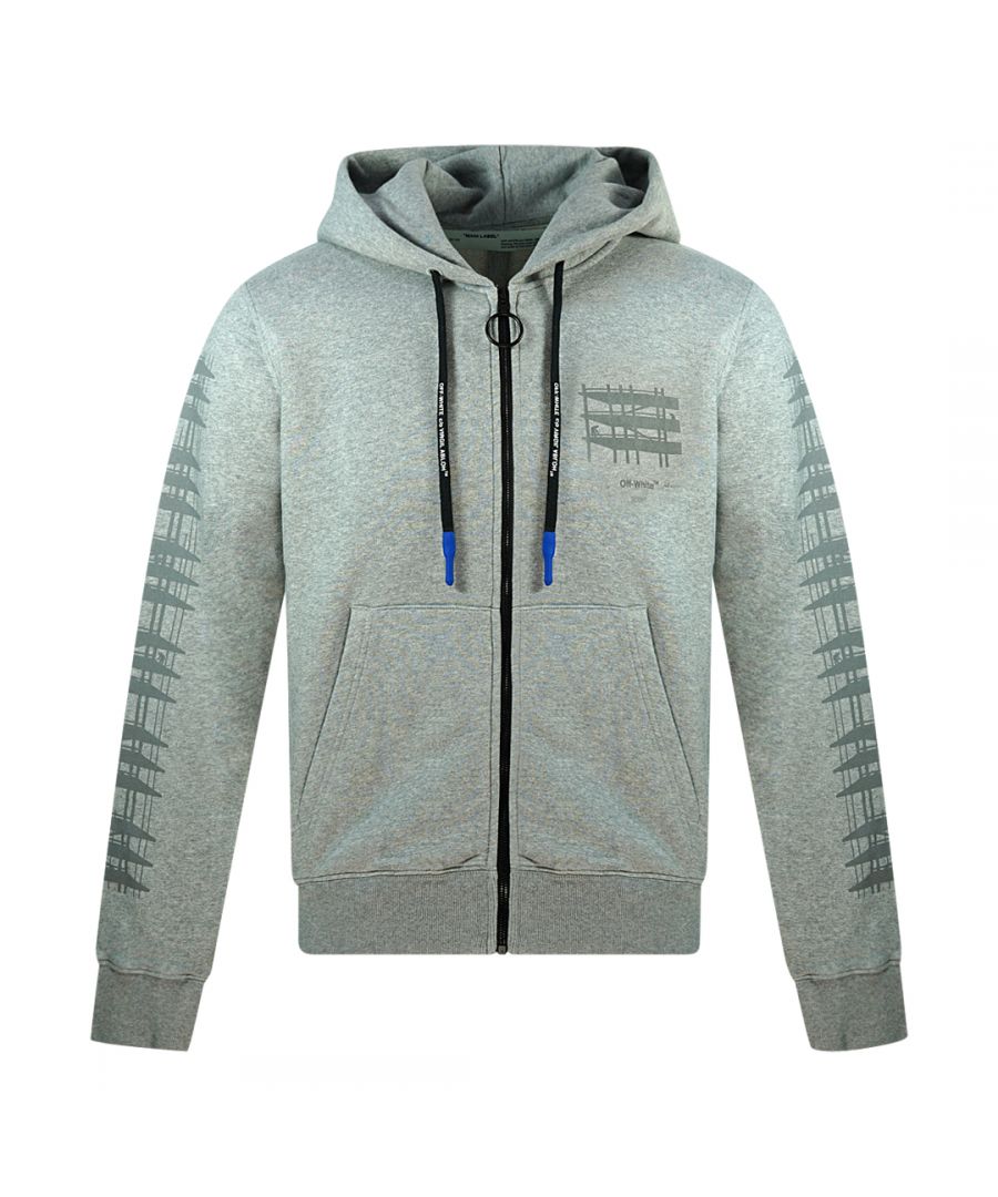 Off-White Diag Indus Drip Logo Grey Zip-Up Hoodie. Off-White Grey Hoodie. Elasticated Sleeve and Hem Endings. Arrow Logo on Back. 100% Cotton. Style Code: OMBE001E19E300040791