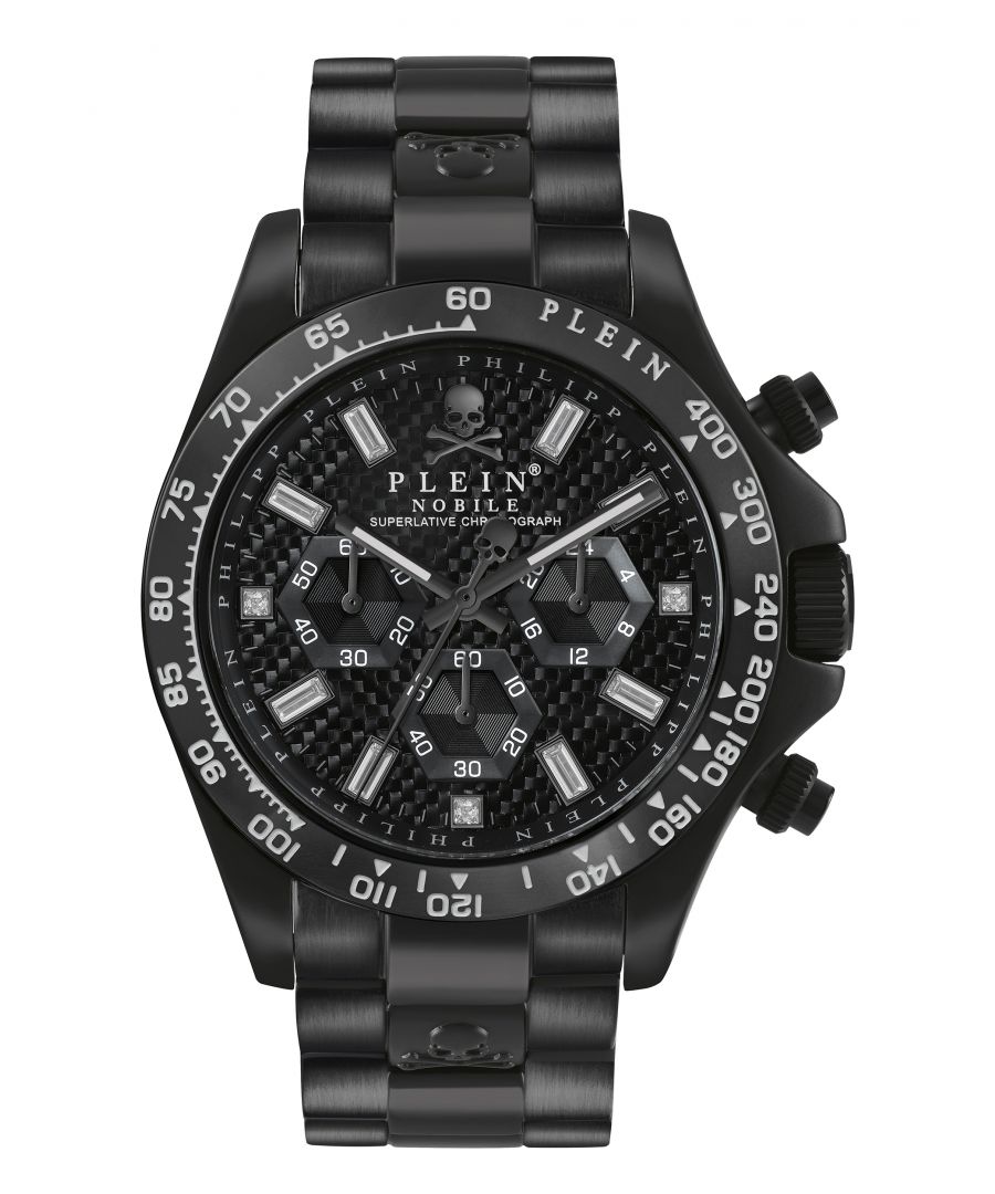 This Philipp Plein Nobile Chronograph Watch for Men is the perfect timepiece to wear or to gift. It's Black 43 mm Round case combined with the comfortable Black Stainless steel watch band will ensure you enjoy this stunning timepiece without any compromise. Operated by a high quality Quartz movement and water resistant to 5 bars, your watch will keep ticking. This watch has a Sophisticated design together with an iconic shape it defines the exterior of the case. -The watch has a function: Stop Watch, 24-hour Display, Luminous Hands, Tachymeter High quality 21 cm length and 22 mm width Black Stainless steel strap with a Deployment clasp Case diameter: 43 mm,case thickness: 14 mm, case colour: Black and dial colour: Black