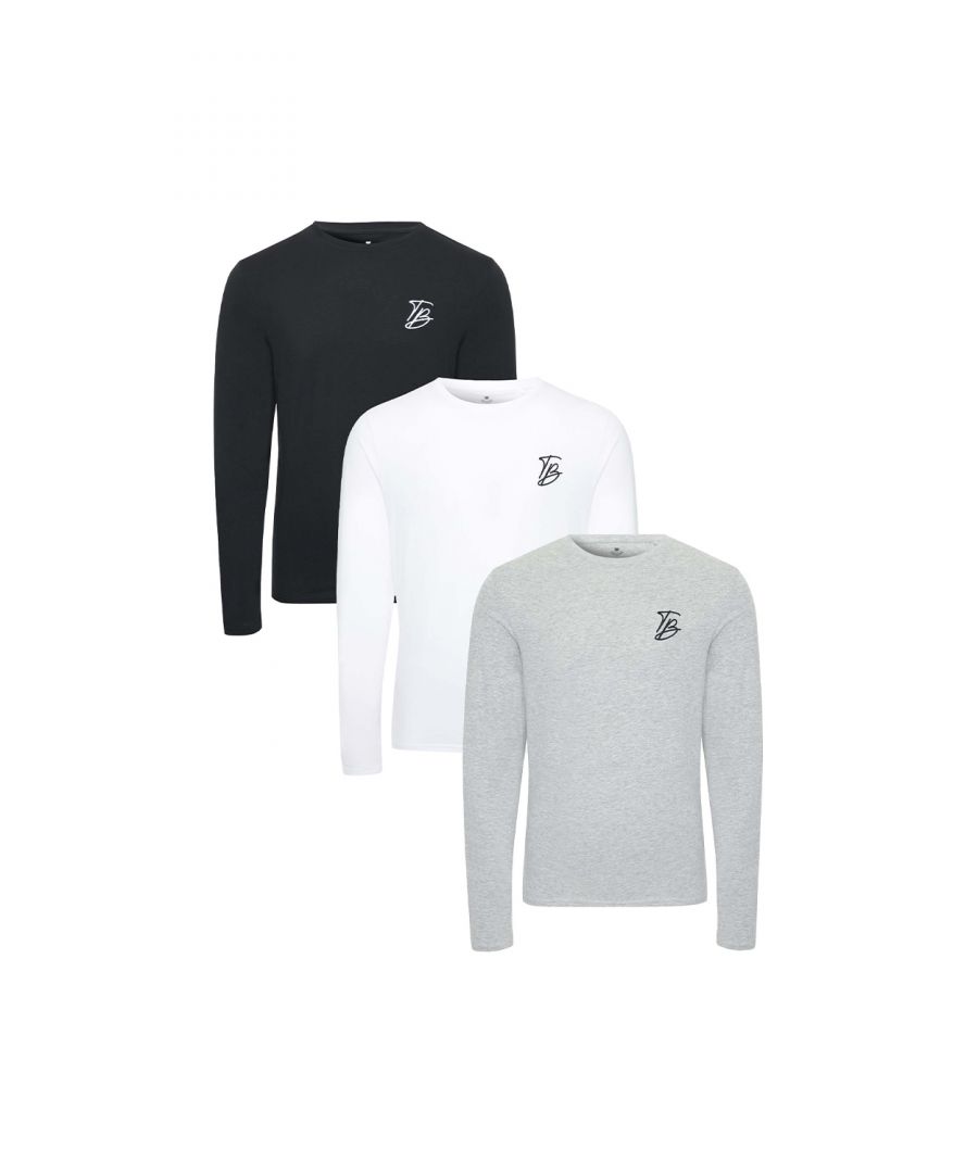 Kit yourself out with this three pack of long sleeve t-shirts from Threadbare. This set of three staple colours all feature an embroidered script TB for Threadbare on the chest. Round neck and long sleeve, they're the perfect basic tees for chilling on the sofa at home but are also perfect when you're on the go. Team with a gilet and jeans for easy transitional styling.