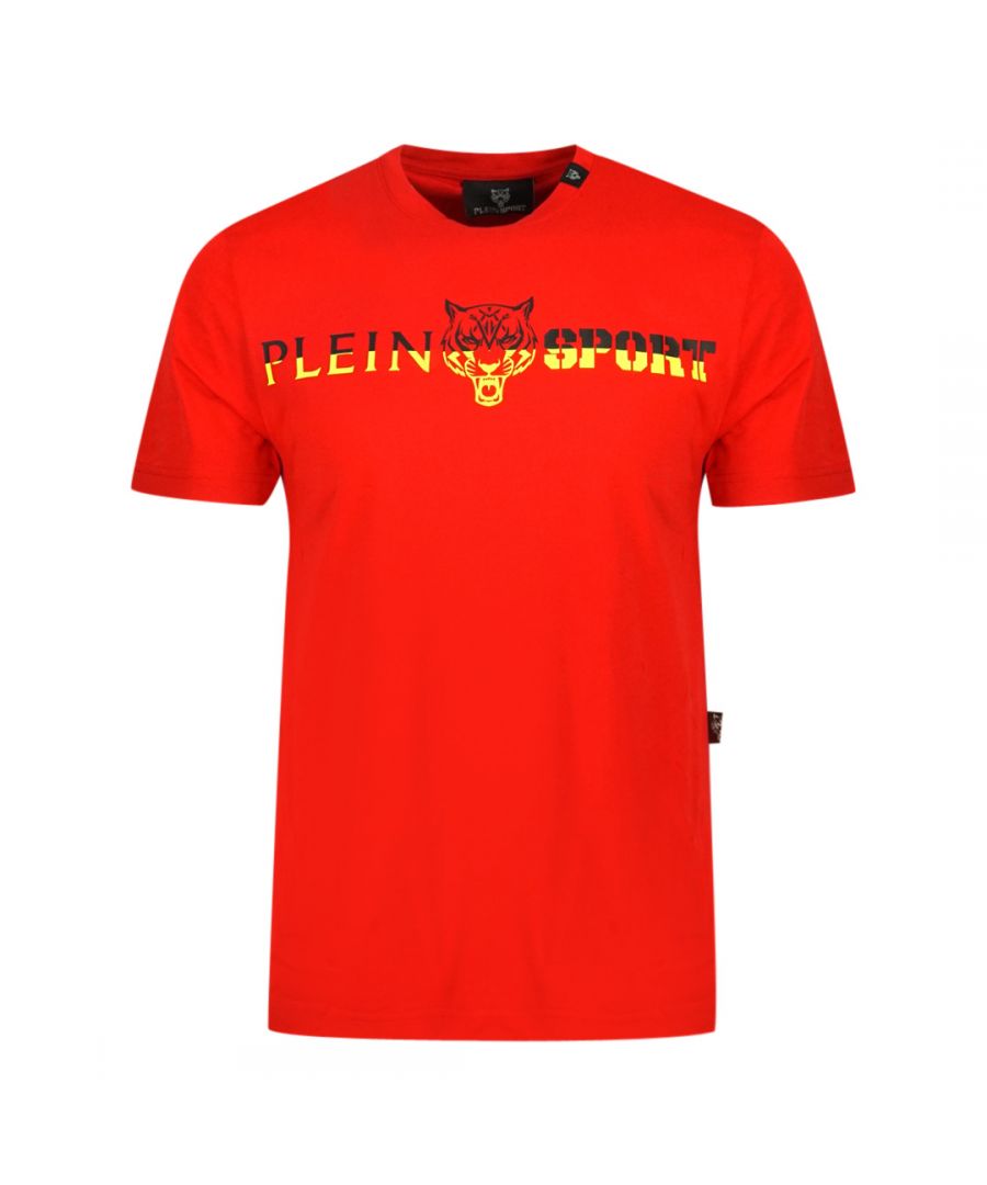 Plein Sport Bold Split Logo rood T-shirt. Philipp Plein sport rood T-shirt. Normale pasvorm, valt normaal qua maat. Plein Sport-merklogo. 100% katoen. Stijlcode: TIPS1110 52