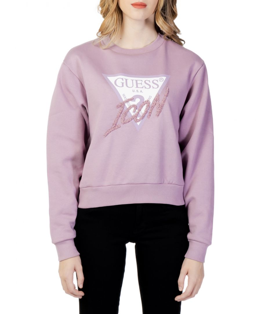Brand: Guess Gender: Women Type: Sweatshirts Season: Fall/Winter  PRODUCT DETAIL • Color: liliac • Pattern: print • Sleeves: long • Neckline: round neck  COMPOSITION AND MATERIAL • Composition: -60% cotton -40% polyester  •  Washing: machine wash at 30°