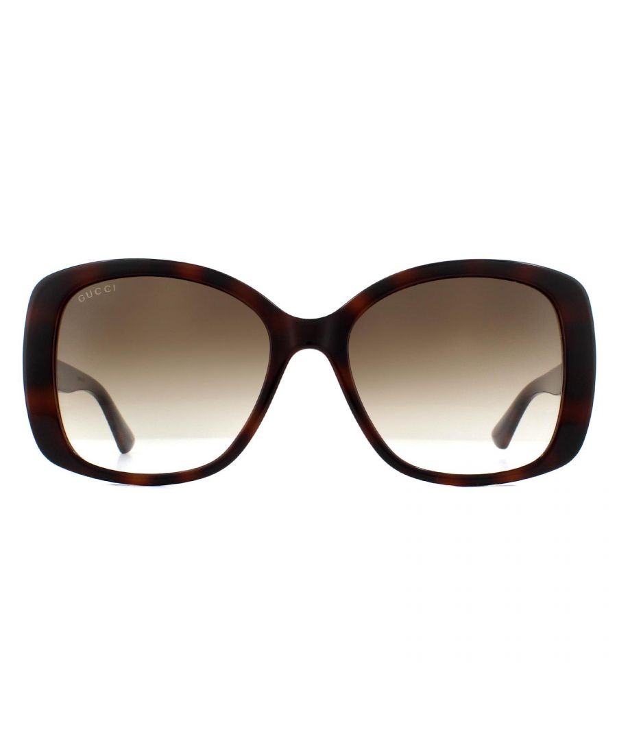 Gucci Sunglasses GG0762S 002 Havana Brown Gradient are super feminine butterfly style sunglasses with a chunky acetate frame featuring the interlocking GG logo on the temples.