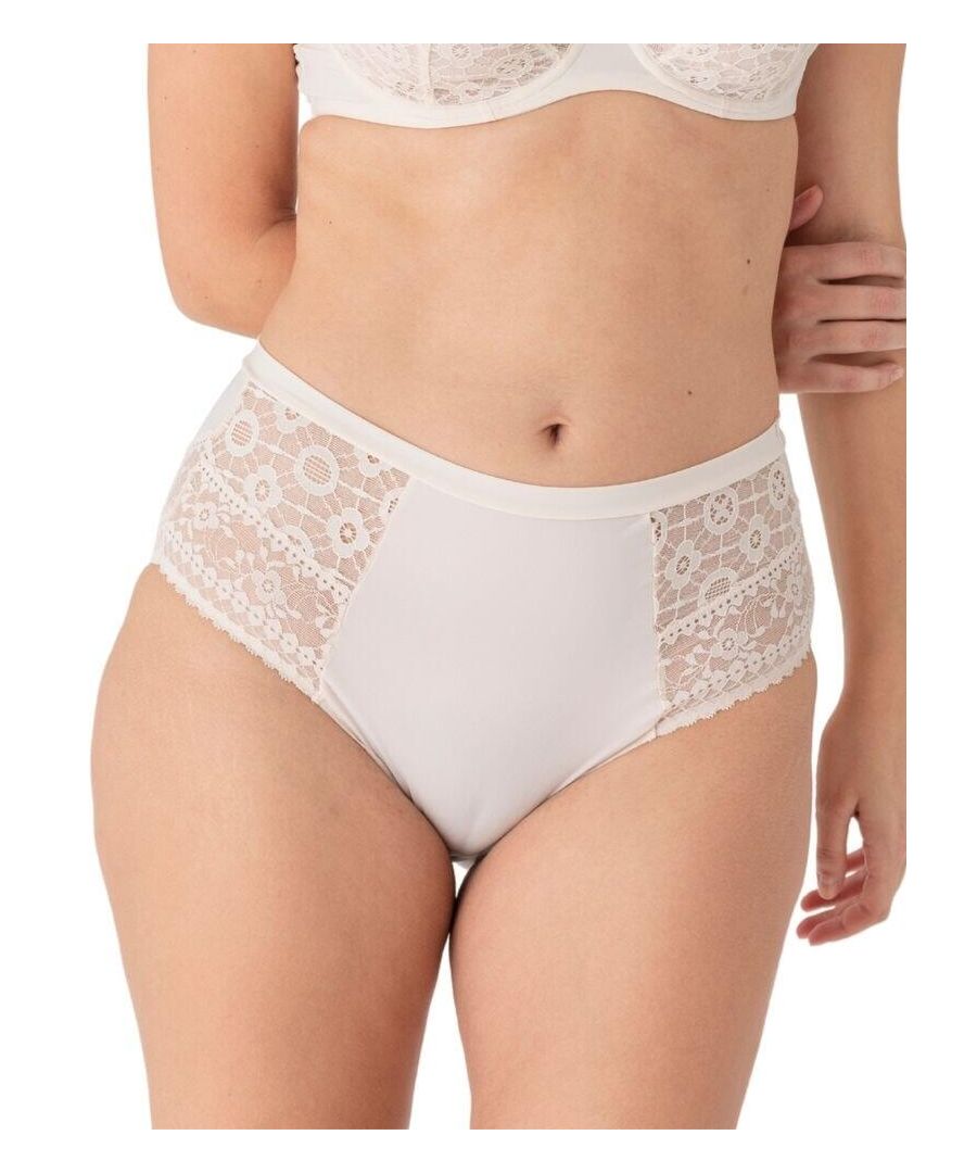 These beautiful high-waisted briefs from the Daphne range at Maison Lejaby are a must-have for your everyday lingerie collection. This feminine brief features graphic lace panels and lace on the bottom rear for a flirty see-through effect. The high waist offers great coverage and soft, flexible mesh material for all-day comfort. Elegantly finished, these briefs pair amazingly with the rest of the collection!\n\nFeminine and flirty design\nGraphic lace panels and bottom rear\nFull rear coverage\nSoft, flexible mesh for comfort\nComposition: 67% Polyamide | 21% Elastane | 9% Cotton\nListed in UK sizes