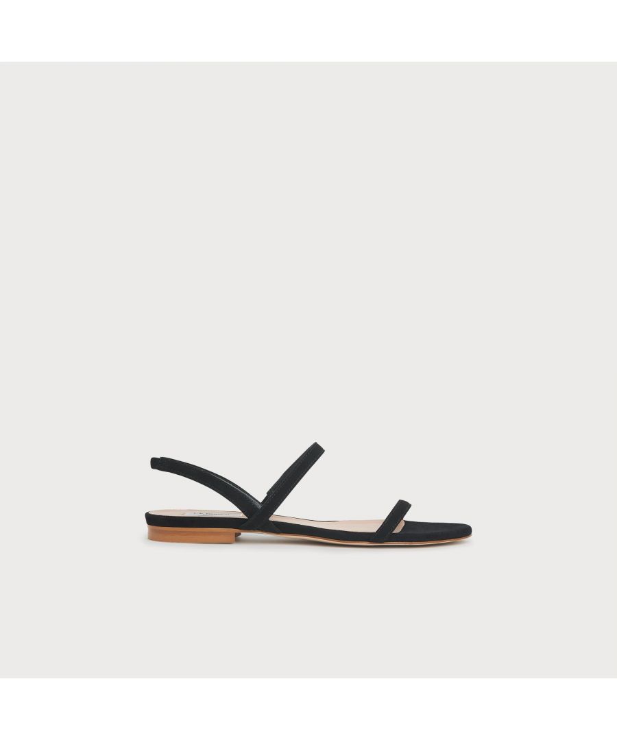 Simple, chic and delicately strappy, our River flat sandals are perfect for the summer months. Crafted in Italy from black super-soft suede, they have a single strap over the toes, one over the foot, a slingback and a wooden stacked 15mm block heel. Wear them when the sun shines with cool cotton and linen pieces.
