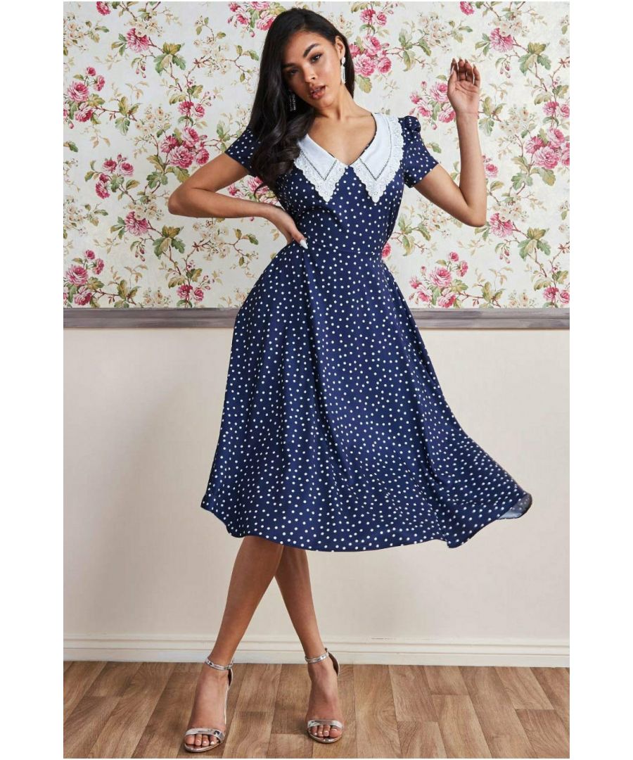 Goddiva Womens Printed Tea Dress With Collar - Navy - Size 8 UK