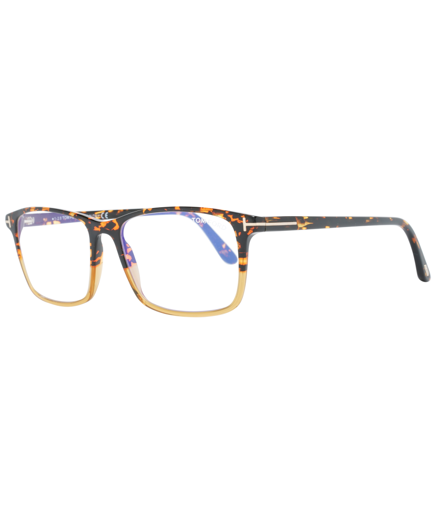 Tom Ford Glasses Frames FT5584-B 055 Dark Havana Men Women are a classic and masculine rectangular design crafted fully from lightweight acetate and embellished with the signature Tom Ford T logo along the temples. Blue light block lenses help to prevent and reduce eye strain from long exposure to blue light from digital devices.