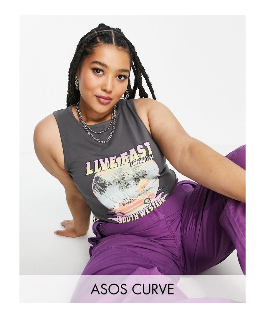 Plus-size top by ASOS DESIGN Laid-back looks Round neck Sleeveless style Graphic print to front Cropped length Regular fit  Sold By: Asos