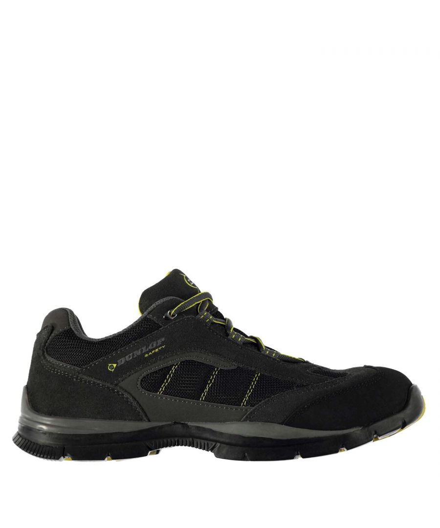Dunlop Safety Iowa Mens Safety Shoes These Dunlop Iowa Safety Shoes benefits from steel toe cap coupled with a hard wearing outsole that offers anti slip and anti static properties, along with added slip and oil resistance. These Dunlop safety shoes also feature a flexible outsole along with mesh trim to the upper for an all round comfortable fit, finished off with a shock absorbing heel - ideal work wear for a range of environments. > Mens work shoes > Laced > Durable > Padded and shaped ankle collar > Steel toe cap (200 Joule Impact protection / 15,000 Newton crushing rating > Shock abosrbing heel > Oil resistant / anti slip / anti static sole > Suede / textile upper, textile inner, synthetic sole > EN ISO 20345: 2011 (SB)