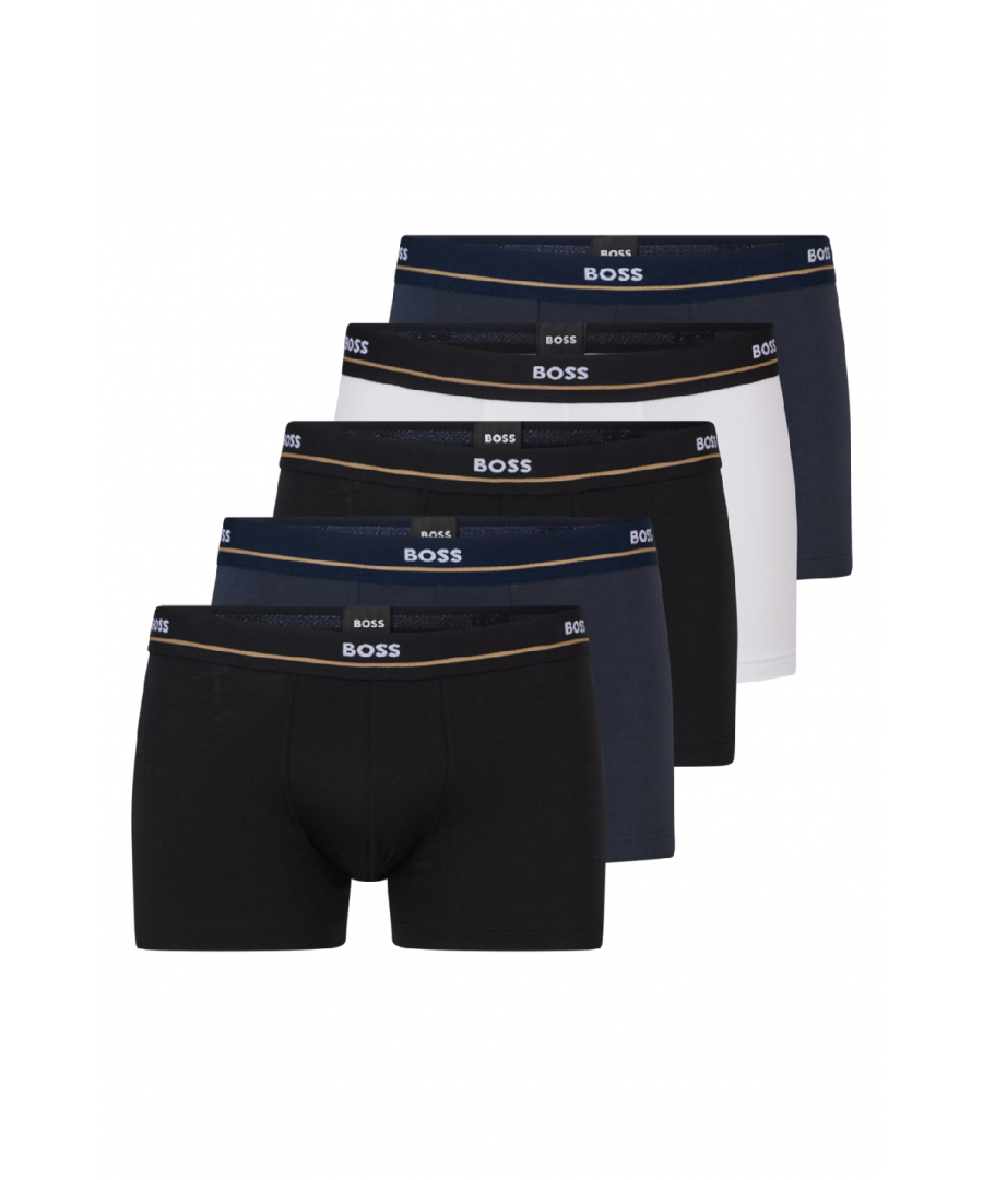 This five pack of boxer trunks from BOSS are crafted from super soft and breathable stretch cotton. Featuring elasticated waistbands and contrast logo details for a signature finish.Five Pack, Stretch Cotton , Elasticated Waistband, 95% Cotton & 5% Elastane, BOSS Branding.