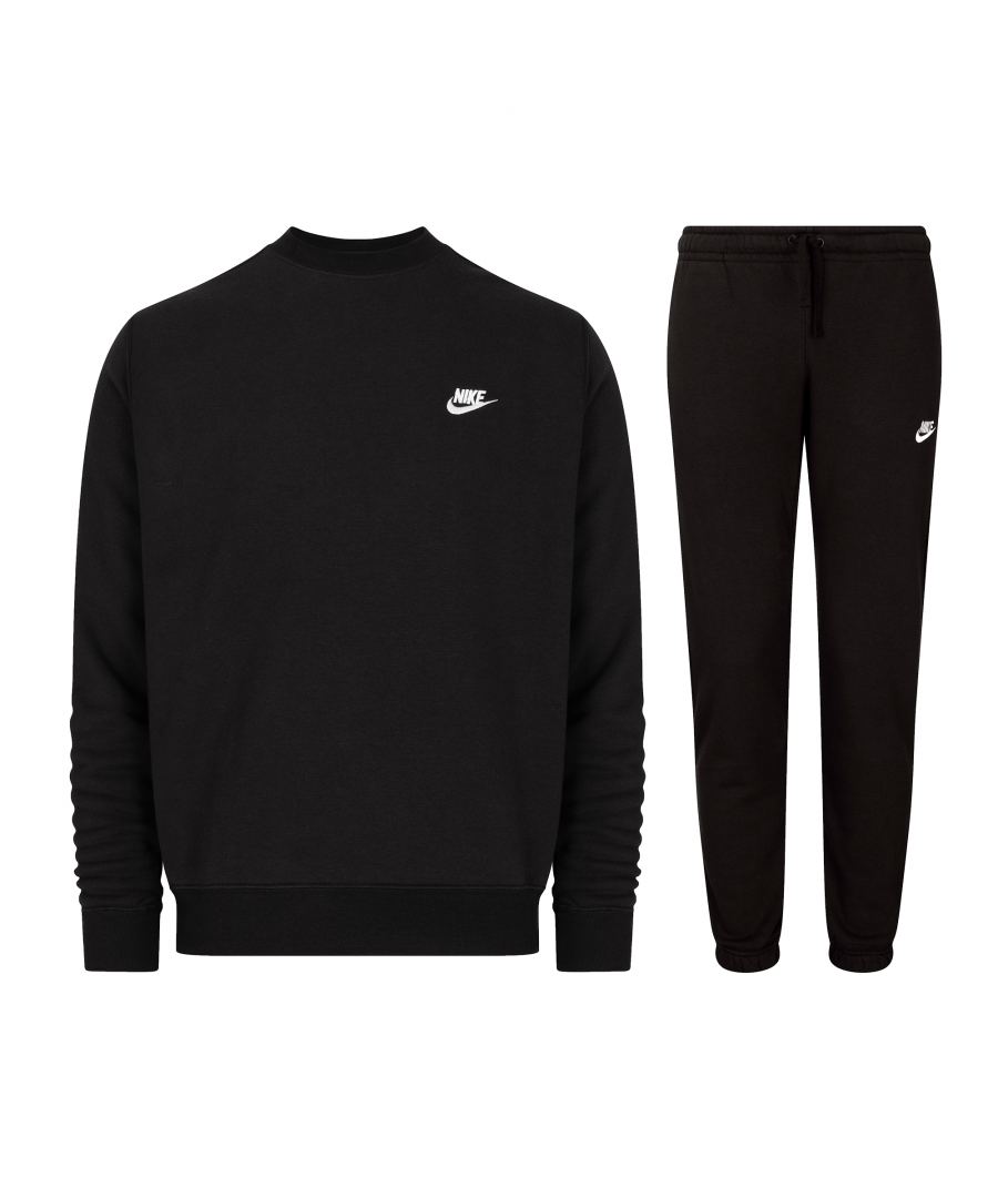 SOFT COMFORT. SIMPLE STYLE.\n\nA wardrobe staple, the Nike Sportswear Club Fleece Crew combines a classic embroidered logo on the left of the chest with the soft comfort of fleece for an elevated everyday look.\nThe Nike Sportswear Club Fleece Trousers combine classic style with the soft comfort of fleece.\n\nSoft Comfort\nBrushed-back fleece is soft and smooth against the skin.\n\nSecure Fit\nRibbing around the hem and cuffs ensures a secure fit.\nElastic waistband with an adjustable drawcord lets you personalise the fit. Elastic at the cuffs lets you show off your kicks.\n\nProduct Details\nStandard fit for a relaxed, easy feel\nFabric: 80–82% cotton/18–20% polyester\nMachine wash