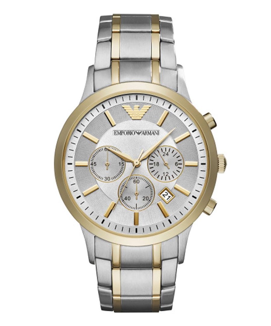 Emporio Armani AR11076 EAN 4053858895348 - Renato chronograaf horloge voor heren in tweekleurig goud. Kwartsuurwerk op batterijen met drie subwijzerplaten met een chronograaf-aanduiding. Dit populaire horloge van Armani is beschikbaar voor gratis standaard verzending op D2Time.