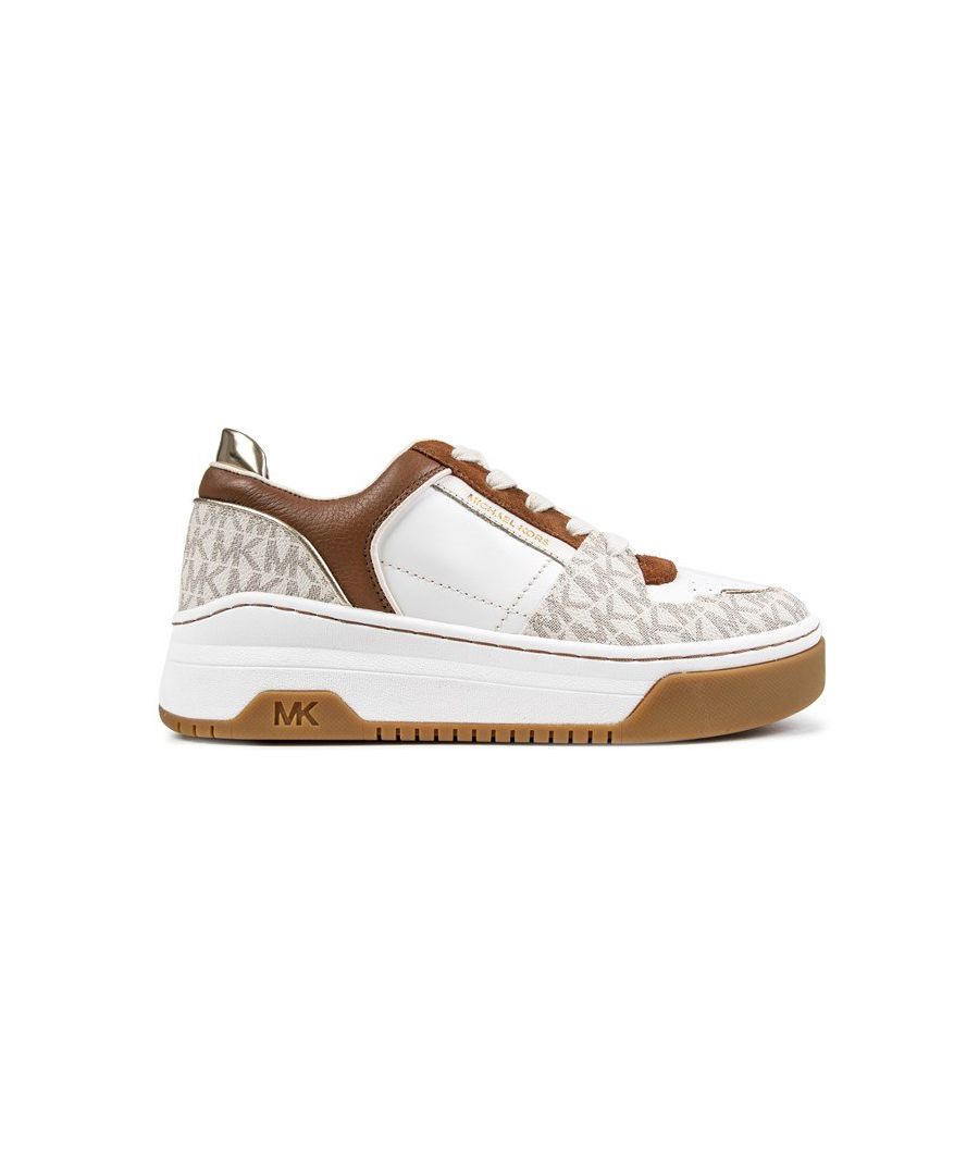 Womens white Michael Kors lexi sneaker trainers, manufactured with leather and a rubber sole. Featuring: branding to heel, metallic upper details, mk printed upper branding detail and patent panels.