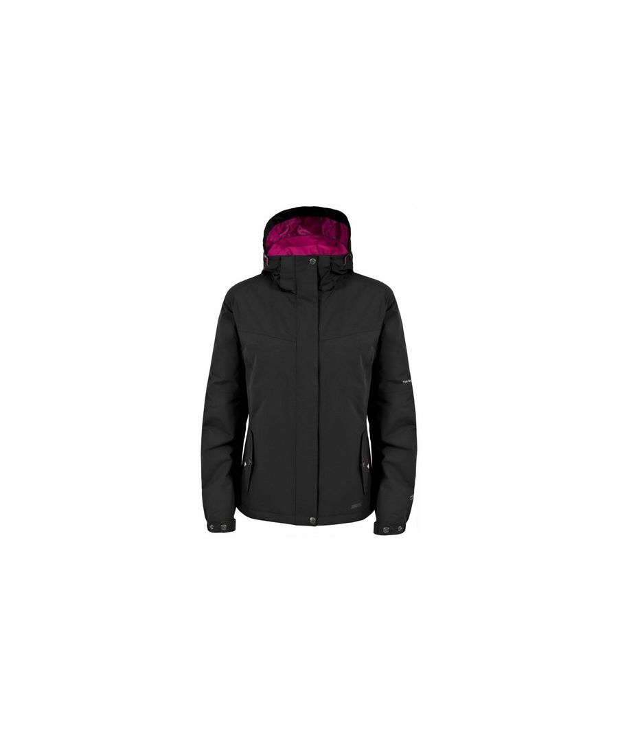 Womens lightly padded jacket. Contrast lining. Adjustable concealed hood. 2 pockets. Inner pocket. Adjustable drawcord hem. Adjustable cuff. Waterproof 5000mm. Breathable 5000mvp. Windproof. Taped seams. Material composition: shell- 100% Polyamide PU coated, lining- 100% Polyester, padding- 100% Polyester. Trespass Womens Chest Sizing (approx): XS/8 - 32in/81cm, S/10 - 34in/86cm, M/12 - 36in/91.4cm, L/14 - 38in/96.5cm, XL/16 - 40in/101.5cm, XXL/18 - 42in/106.5cm.