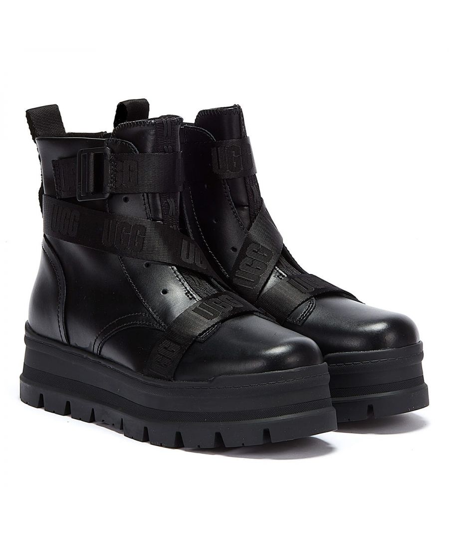 A fashion-forward combat boot with durable construction and waterproof leather, the Sid adds attitude to any outfit. Boasting branded strapping, a central elastic gore and a size zipper for easy on-off. Built on a rugged platform sole with exaggerated tread and traction-enhancing rubber and features a removable UGGplush™ wool blend insole.