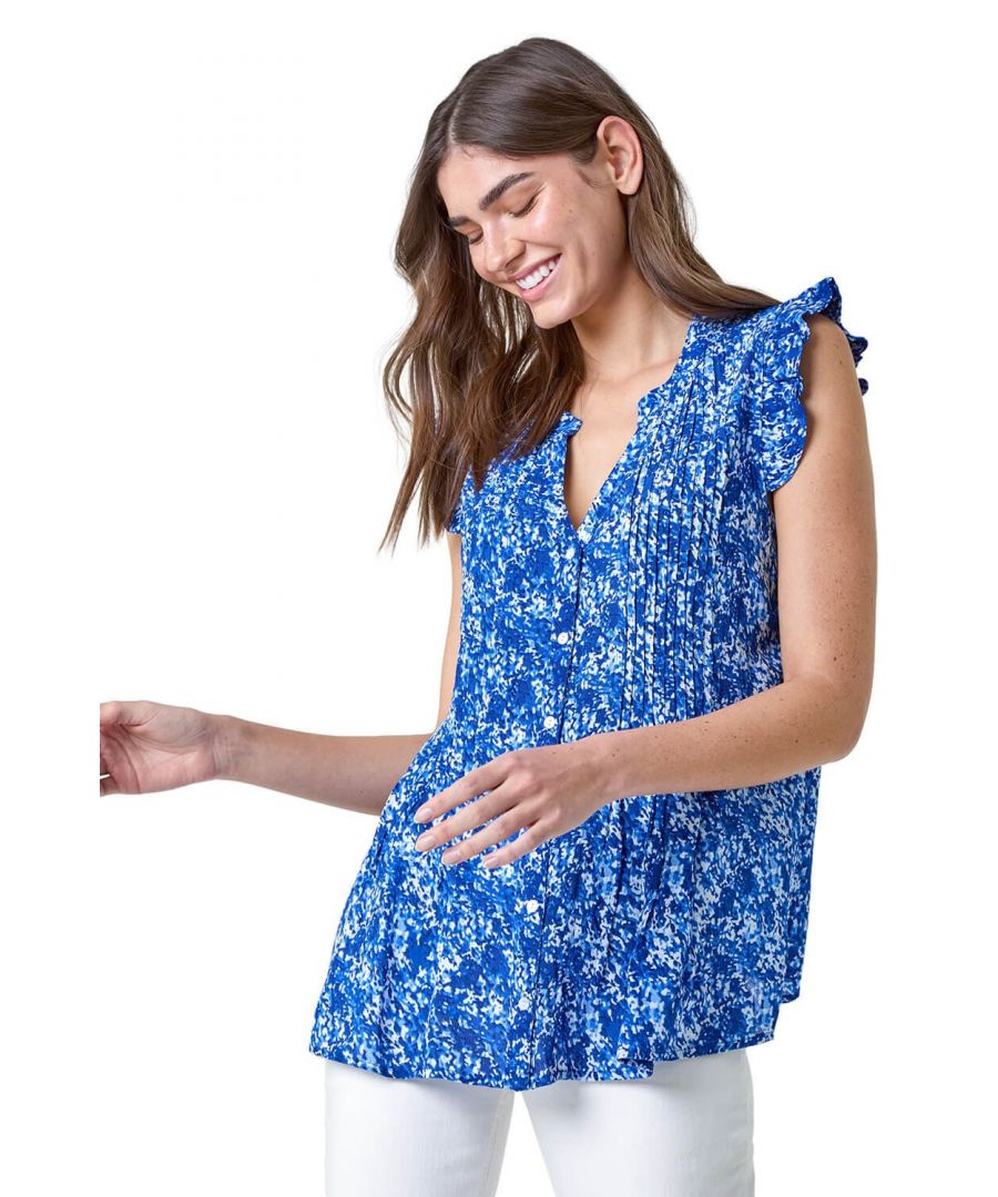 Roman Womens Floral Print V-Neck Frill Sleeve Top - Blue - Size 12 UK - Secret Sales