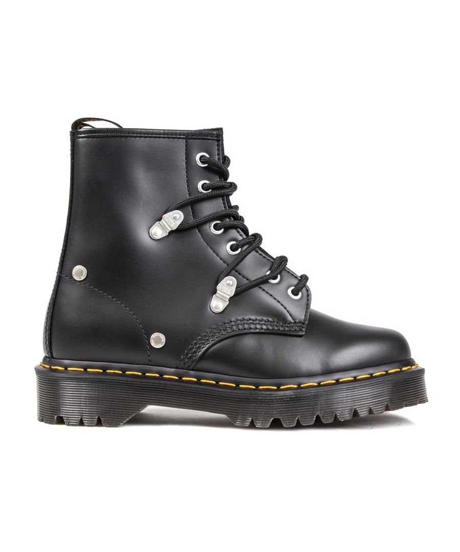 Women's Black Dr. Martens 1460 Pascal Lace-up Boots With A Leather Upper Featuring Standout Metal Studs And Loops Coordinating With 6 Eyelet Lacing System, And Signature Airwair Heel Loop. These Ladies' High-top Boots Have The Iconic Yellow Stitching And Goodyear Welted Air-cushioned Sole With Rugged Tread.