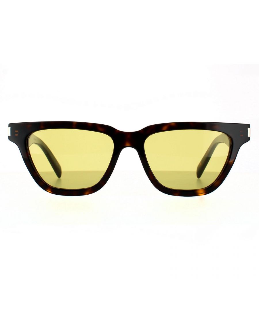 Saint Laurent Cat Eye Womens Dark Havana Yellow Sunglasses Saint Laurent are a squared cat eye style with a chunky acetate frame finished with the Saint Laurent engraving on the temples.