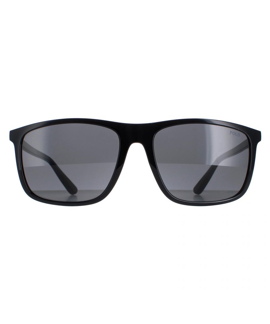 Polo Ralph Lauren Rectangle Mens Shiny Black Dark Grey PH4175  Sunglasses are a slightly wrapped style with prominent Polo logo on the temples and left lens. A colour band accentuates the temple and matches with the logo colour