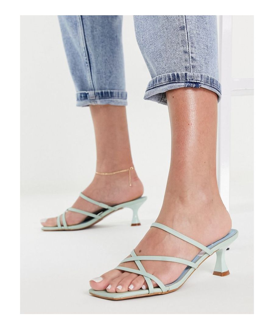 Mules by ASOS DESIGN Level up Strappy design Slip-on style Open, square toe Mid-flared heel Wide fit Sold by Asos