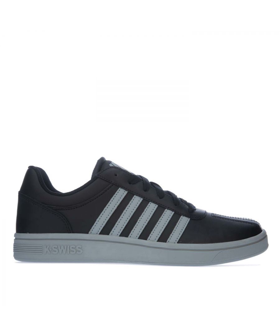 Mens K- Swiss Court Chesterfield Trainers in black.-Leather upper.- Lace closure.- Padded tongue.- K Swiss branding.- K Swiss stripes down the side.- Textile collar lining.- Die-cut EVA sock liner.- Rubber outsole.- Leather upper  Textile lining  Synthetic sole.- Ref: 05782071