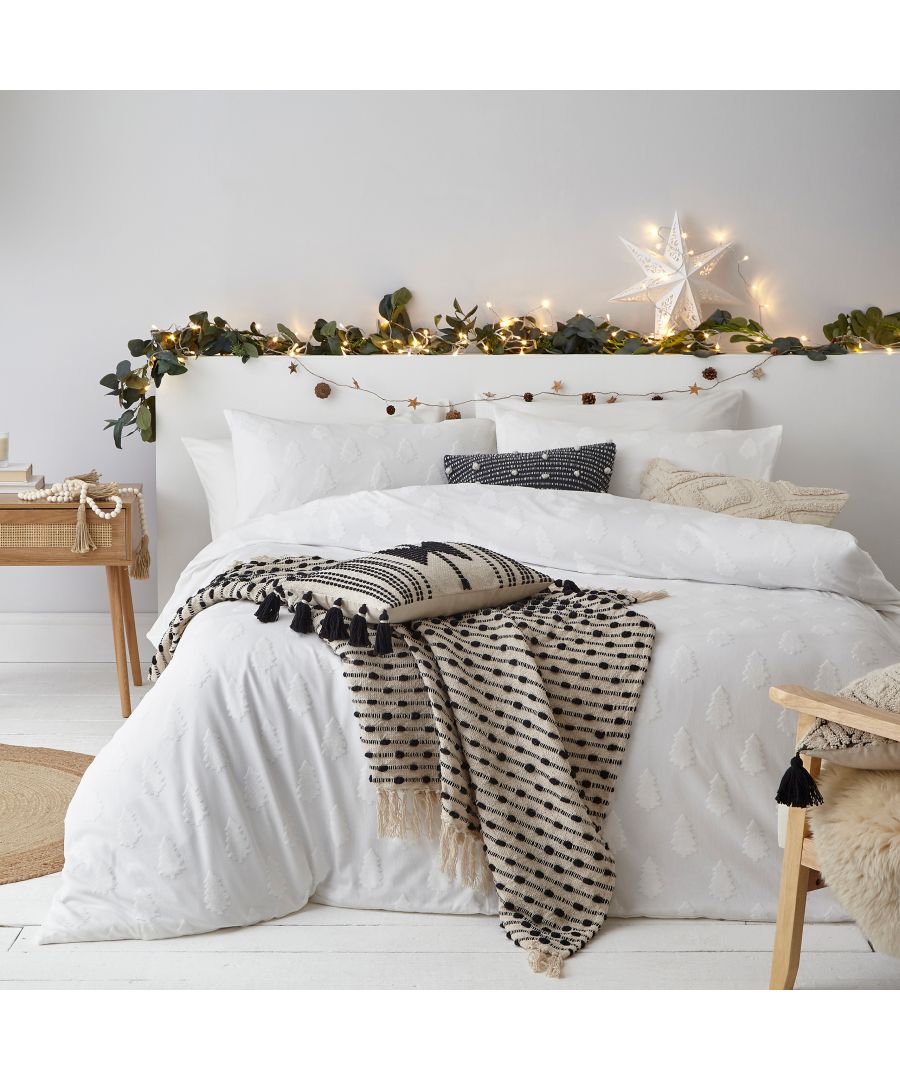 Add sophistication to your festive décor with the tufted tree duvet set. Made with 100% cotton and featuring mini tree tufting detail. Our tufted tree bedding will add a cosy, textural look to your bedroom this winter. With a comfortable, breathable cotton percale reverse to help you have a better night’s sleep, this bedding is essential for an elegant festive bedroom. Includes 2 x pillowcases measuring 50 x 75cm.