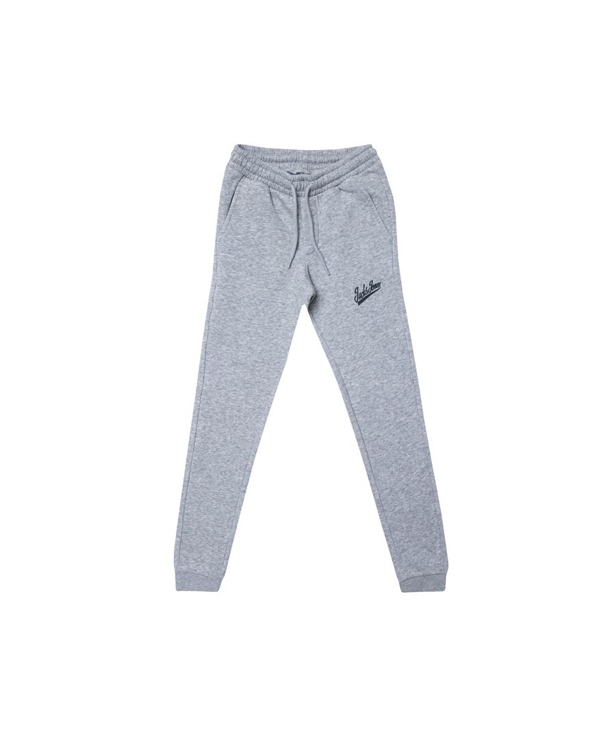 Junior Boys Jack Jones Gordon Anything Jog Pant in light grey.- Drawstring waistband with drawstring.- Two side pockets.- Cut from soft loopback cotton-jersey.- Ribbed cuffs.- Logo print at side pocket.- 70% Cotton  30% Polyester.  Machine washable. - Ref: 12196869