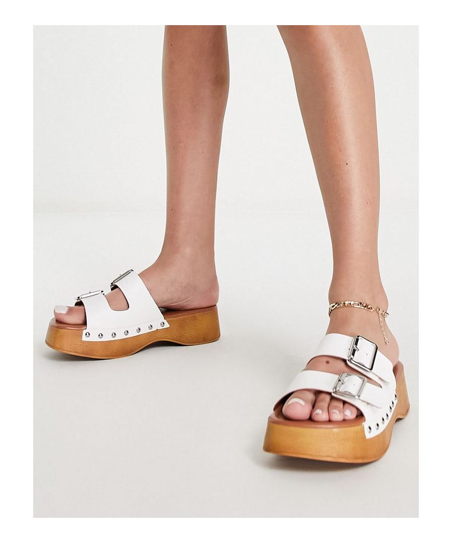 Sandals by ASOS DESIGN Free your feet Slip-on style Pin-buckle straps Open toe Flatform wood sole Sold by Asos