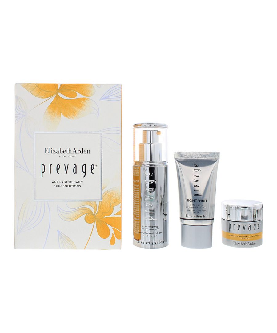 Elizabeth Arden Prevage Anti-Aging Daily Skin Solutions 3 Piece Gift Set: Daily Serum 30ml - Moisturizing Cream 15ml - Overnight Cream 15ml corrects the look of skin, shielding it from environmental assaults. Hydrating and moisturizing the skin effortlessly. Repairs skin and prevents the look of fine lines and wrinkles.