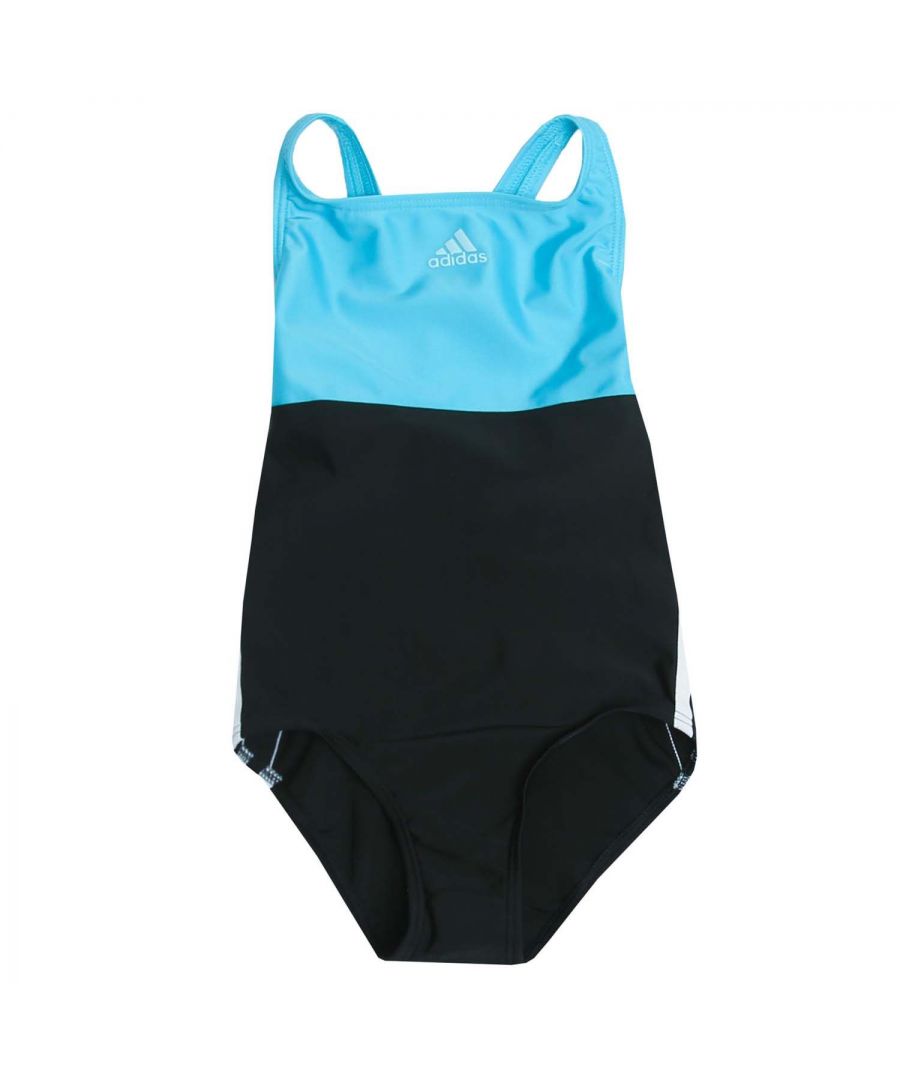Infant Girls adidas Colourblock 3- Stripes Swimsuit in black blue.- Ultra-flat and soft with a smooth feel.- Infinitex Fitness Eco chlorine-resistant fabric.- Contrast 3-Stripes on the sides.- Shell: 78% Polyamid (Recycled)  22% Elastane. Lining: 100% Polyester (Recycled). - Ref: GQ1146I