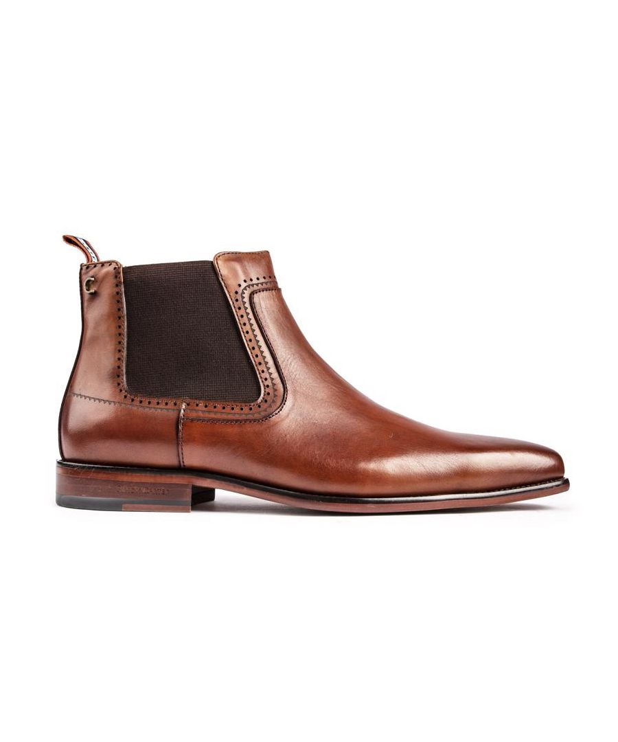 Men's Tan Simon Carter Terrier Pull-on Chelsea Boots With Smooth Leather Upper, Double Elasticated Gussets And Delicate Stitch Detailing. These Premium Ankle Boots Have An Elongated Toe, Branded Heel Pull Tab And Leather Lining And Exclusive Simon Carter Queuing Dog Print, Finished With A Synthetic Sole.