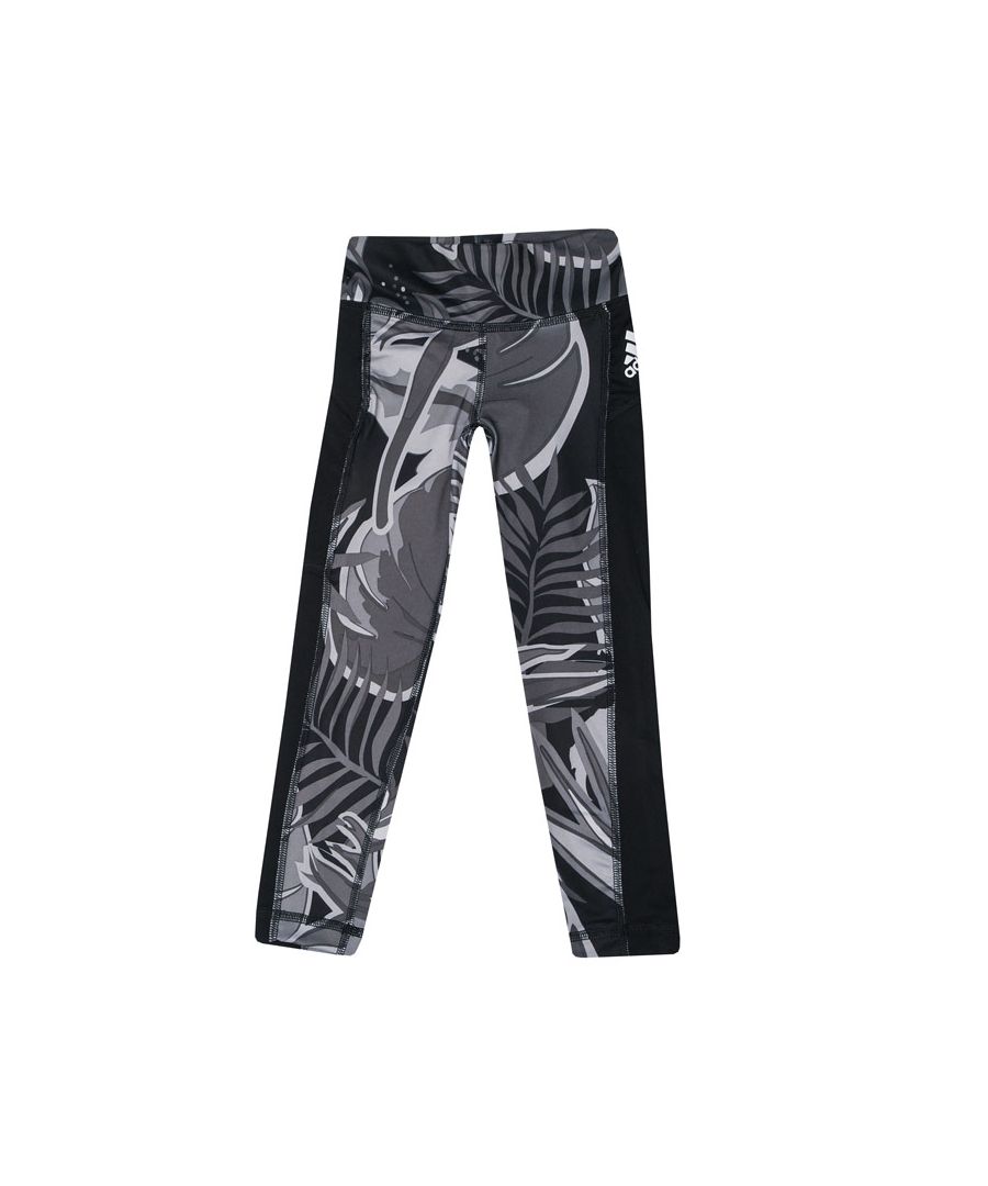 Junior Girls adidas AEROREADY Allover Print Leggings in grey.- Elasticated waist.- Allover logo print.- External pocket.- Fitted fit.- Main material: 91% Polyester (Recycled)  9% Elastane.  Machine washable.- Ref: GM8383J